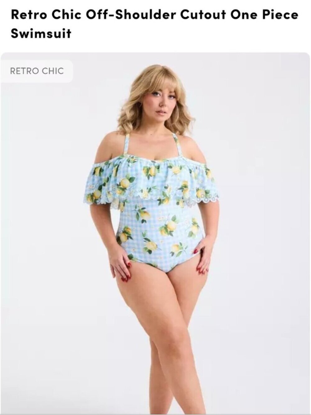 Torrid Retro Chic Off-Shoulder One Piece Swimsuit lemons light blue plaid Sz 0x - Picture 3 of 13